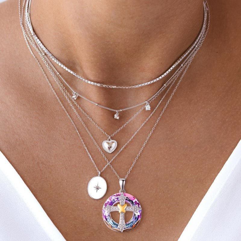 Christian Art Modern Style Friendship Blessing Cross Bowknot Crystal Necklace - image 3