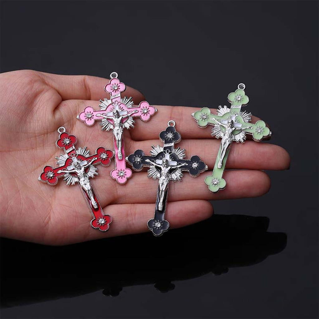 Classic Style Colorful Crafted Triple Crucifix Pendant Chain Necklace - image 2