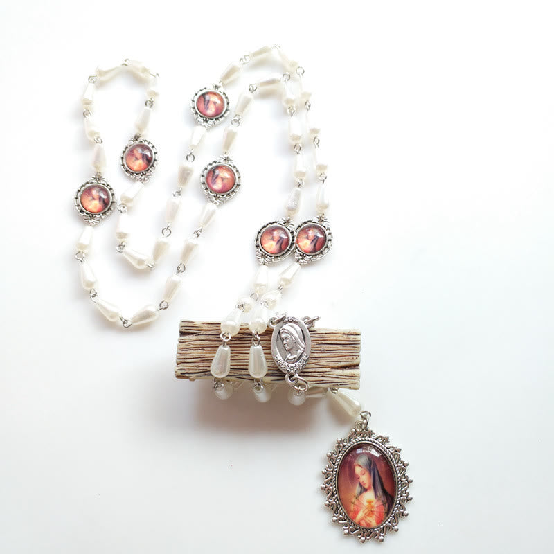 Christian Art Immaculate Heart of Mary of 5*10 mm Drop-shaped White Pearl Alloy Chain Rosary - image 3