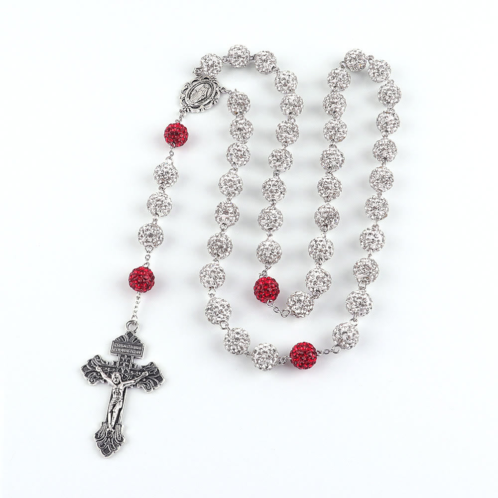Miraculous Medal & Crucifix of 8 mm Round Silver Metal Gems Alloy Chain Rosary - Silver - image 1