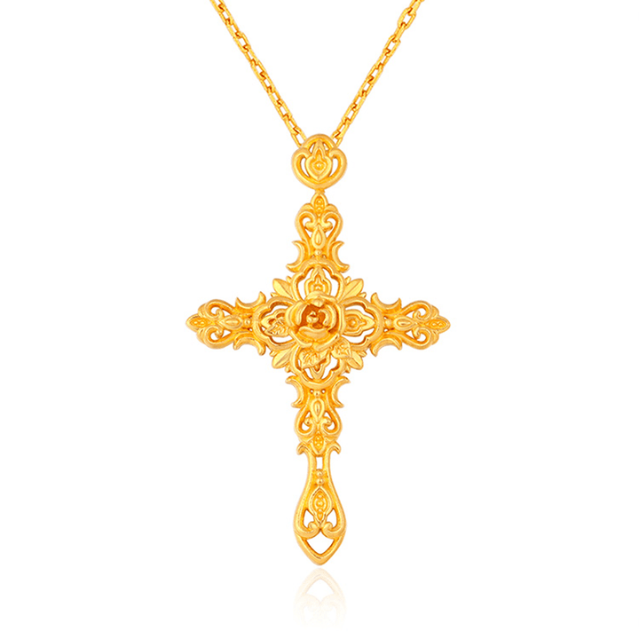 Christian Art 999 Pure Gold Retro Style Thorn Rose Cross Ancient Craftsmanship Pendant - 999 Gold Pendant - image 1