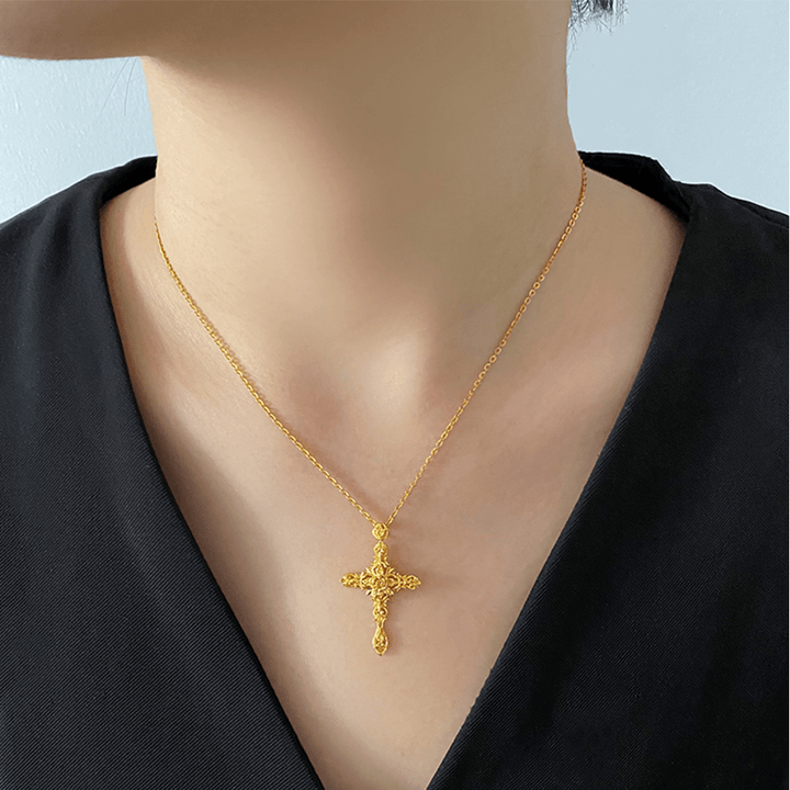 Christian Art 999 Pure Gold Retro Style Thorn Rose Cross Ancient Craftsmanship Pendant - image 3
