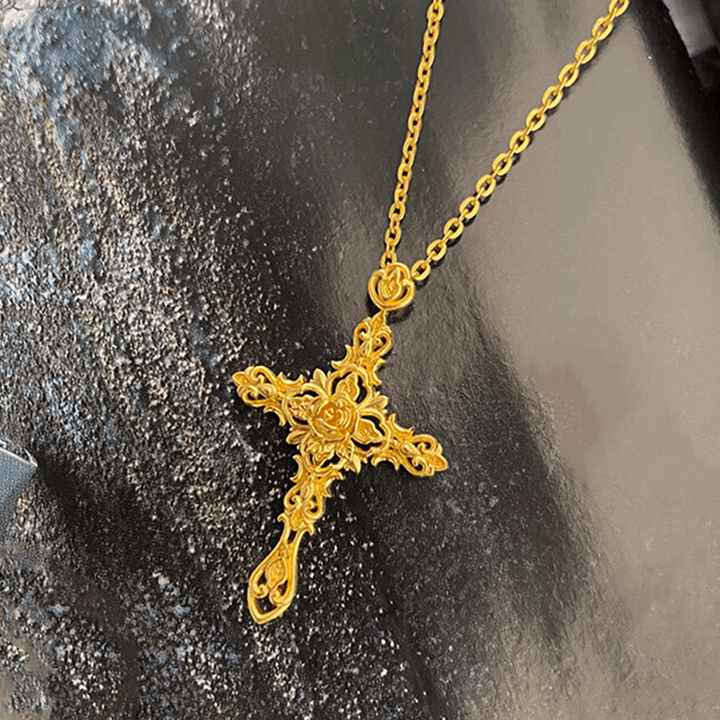 Christian Art 999 Pure Gold Retro Style Thorn Rose Cross Ancient Craftsmanship Pendant - image 4
