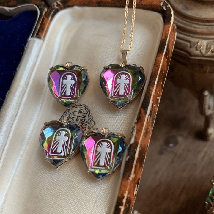 Christian Art Intaglio Enamel Technique Vintage Style Iridescent Heart-Cross Glass Necklace - image 5