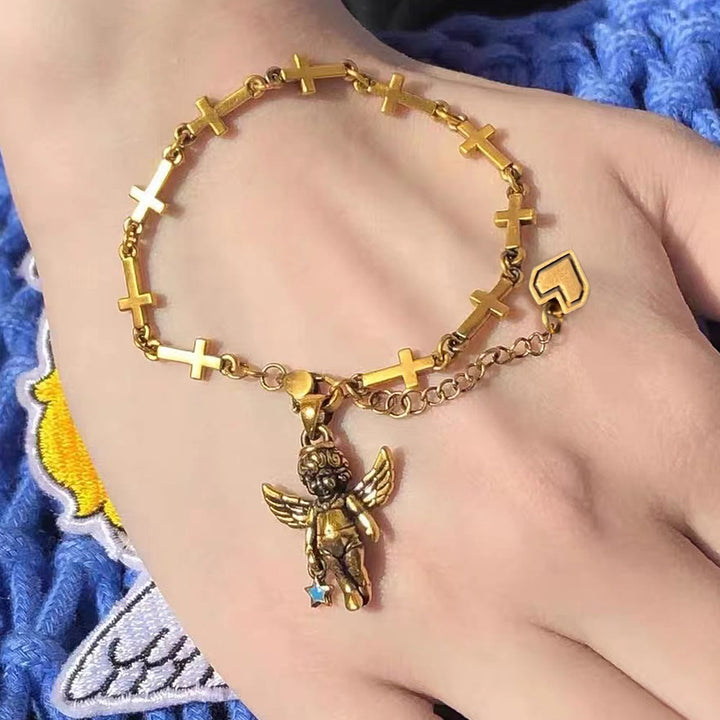 Retro Style Bronze Lucky Star Angel & Heart Cross Bracelet - Star Angel - image 1