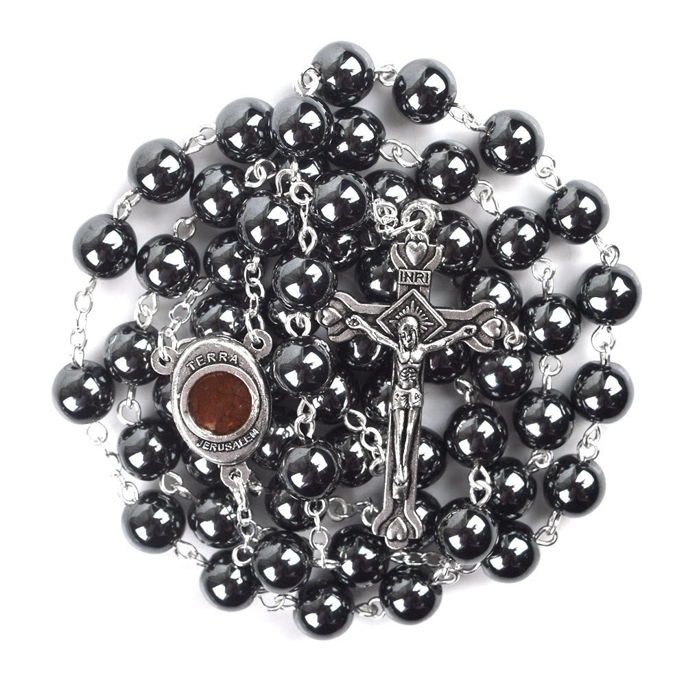 Madonna and Child & Crucifix of 8 mm Round Black Hematite Alloy Chain Rosary - Black - image 1