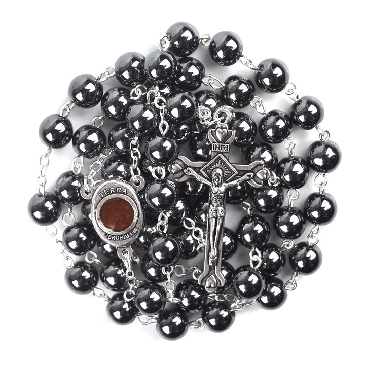 Madonna and Child & Crucifix of 8 mm Round Black Hematite Alloy Chain Rosary - Black - image 1
