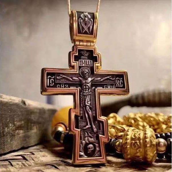 Retro Style Crucified Jesus Bicolor Alloy Pendant Necklace - Two-color Cross - image 1