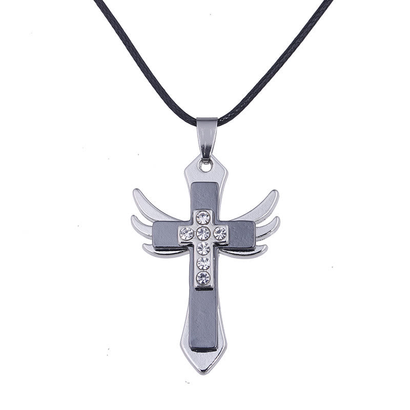 Minimalist Style Cross Angel Wings Glossy Rhinestones Pendant Necklace - image 6