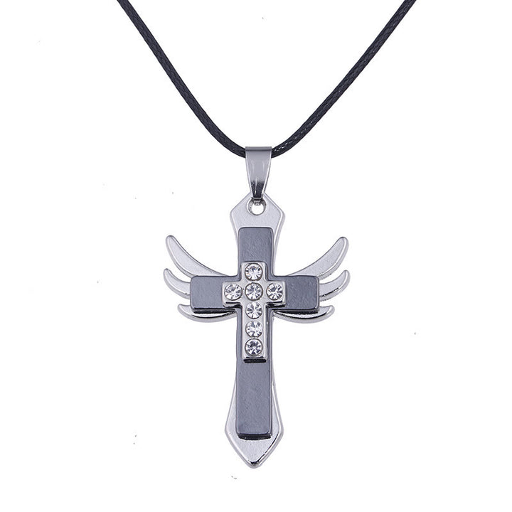 Minimalist Style Cross Angel Wings Glossy Rhinestones Pendant Necklace - image 6