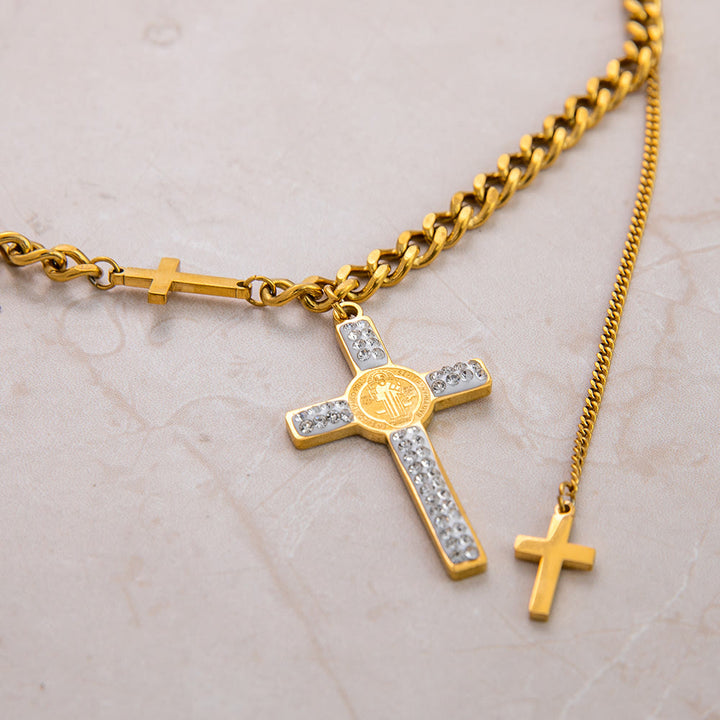 Layered Necklace Style St. Benedict Cross Pendant Mixed Chain Necklace - image 3