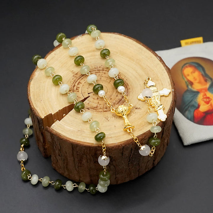 Holy Grail & Crucifix with Eucharistic of 5*8 mm Round Green Chalcedony Alloy Chain Rosary - Green Chalcedony - image 1