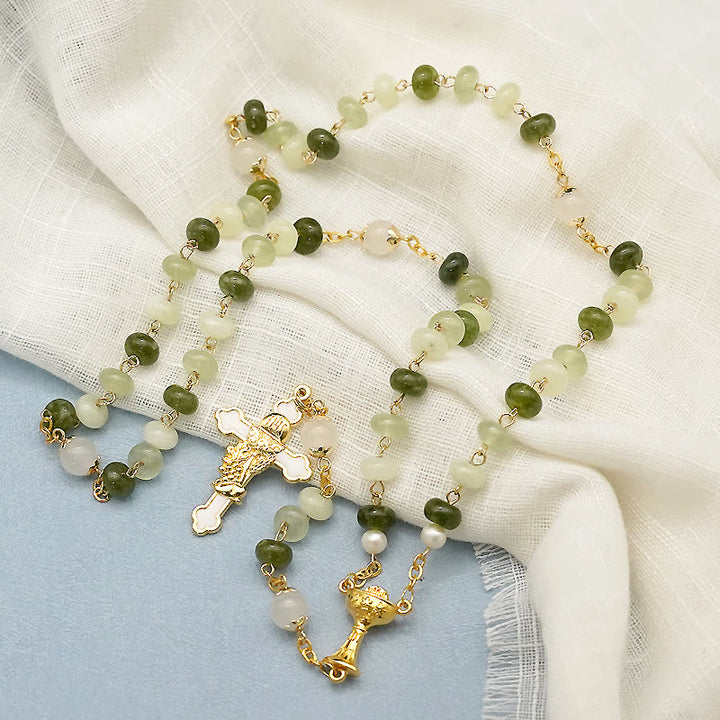 Holy Grail & Crucifix with Eucharistic of 5*8 mm Round Green Chalcedony Alloy Chain Rosary - image 3