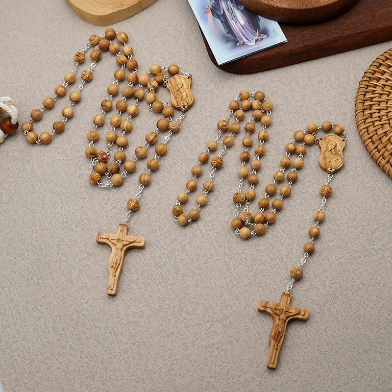 Madonna and Child & Crucifix of 8 mm Round Multicolor Olive Wood Alloy Chain Rosary - image 4