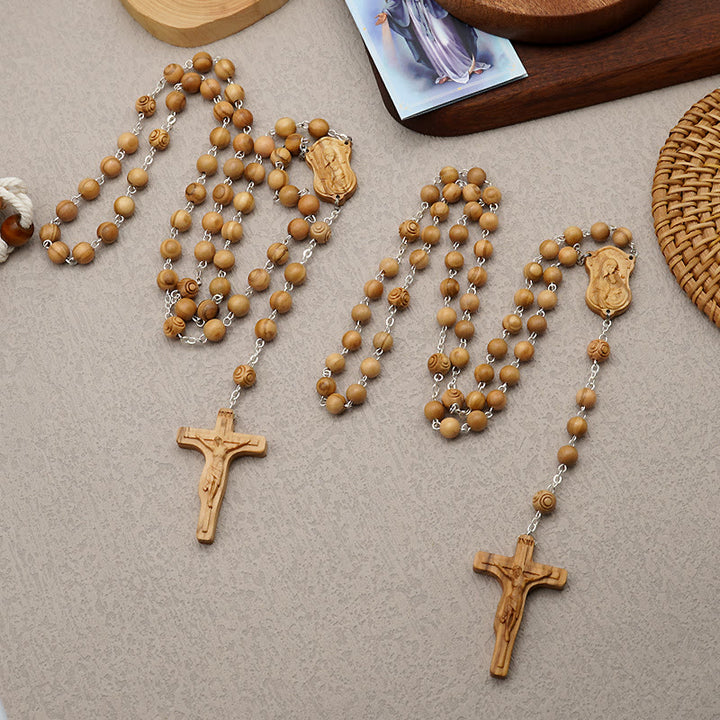 Madonna and Child & Crucifix of 8 mm Round Multicolor Olive Wood Alloy Chain Rosary - image 4