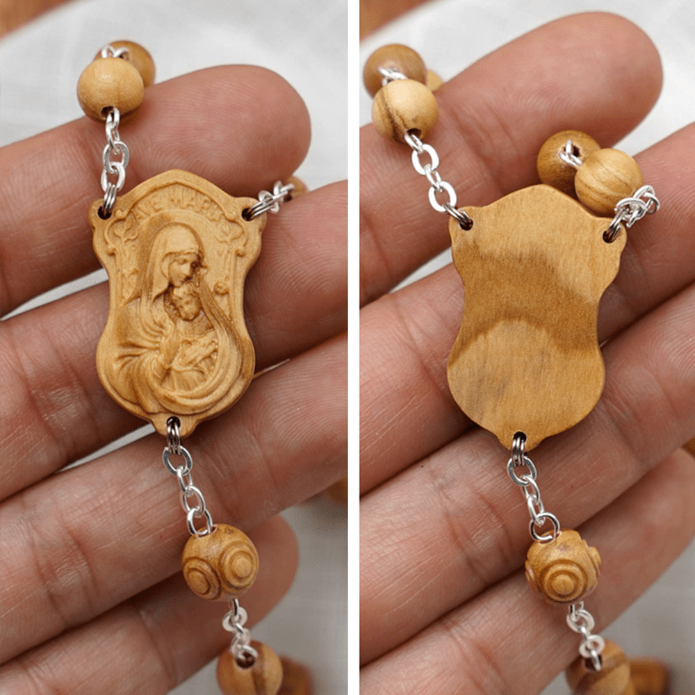 Madonna and Child & Crucifix of 8 mm Round Multicolor Olive Wood Alloy Chain Rosary - image 9
