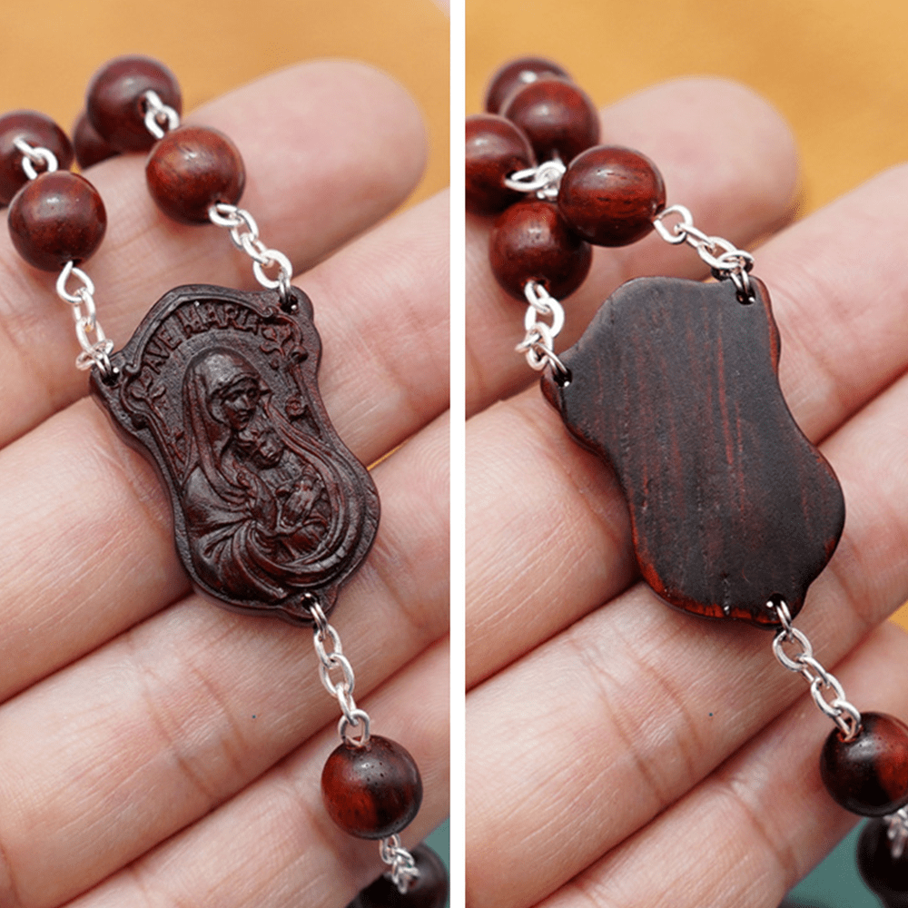 Madonna and Child & Crucifix of 8 mm Round Multicolor Olive Wood Alloy Chain Rosary - image 12