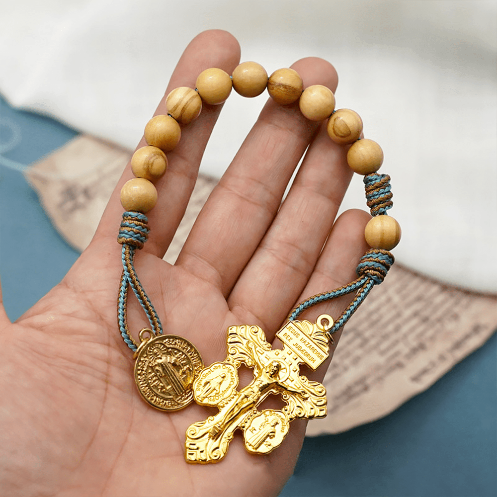 St. Benedict Medal & Crucifix of 10 mm Round Golden Olive Wood Nylon Cord Pocket Rosary - image 3