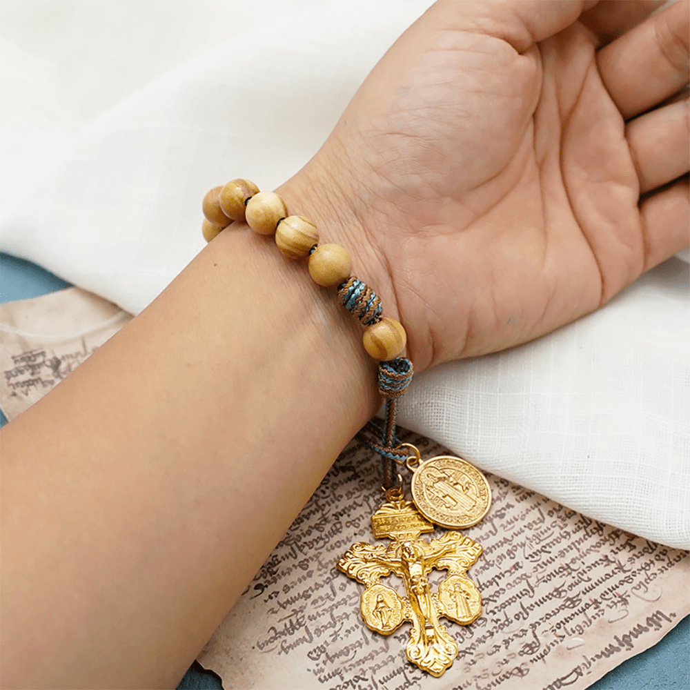 St. Benedict Medal & Crucifix of 10 mm Round Golden Olive Wood Nylon Cord Pocket Rosary - image 6