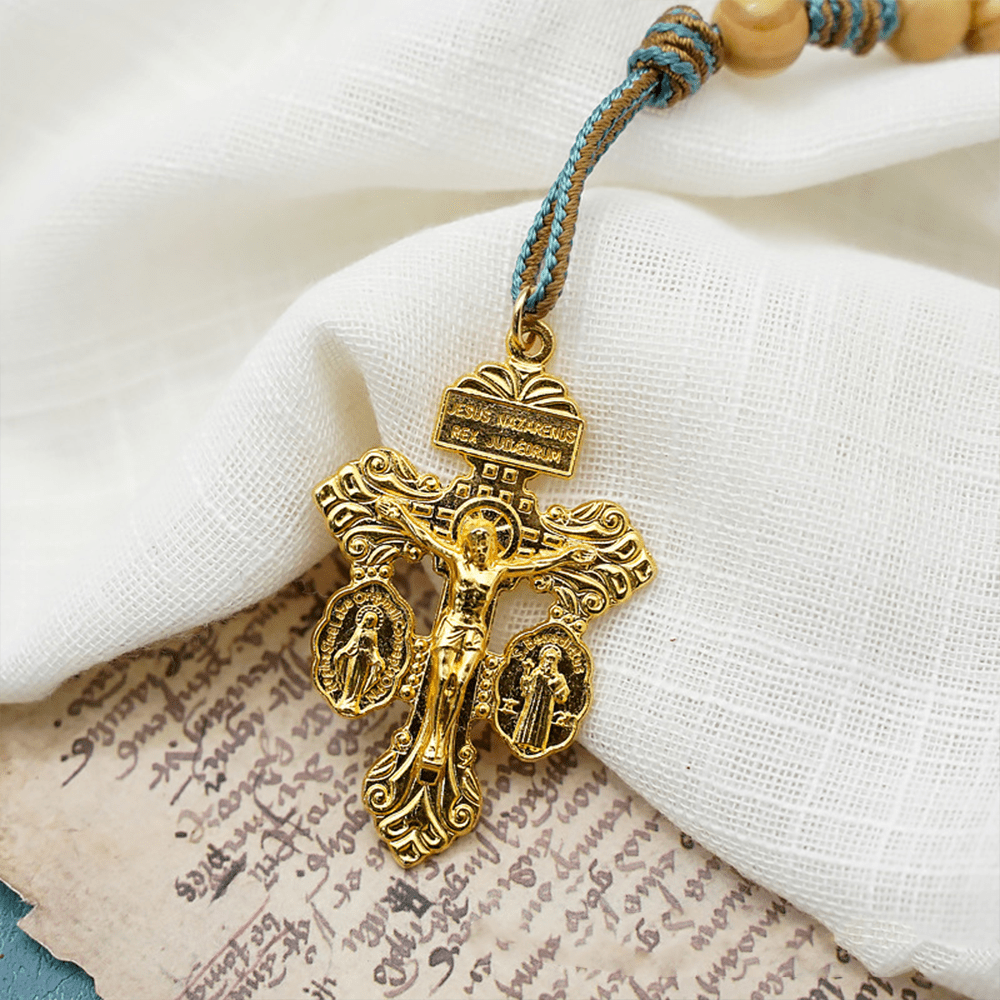 St. Benedict Medal & Crucifix of 10 mm Round Golden Olive Wood Nylon Cord Pocket Rosary - image 7