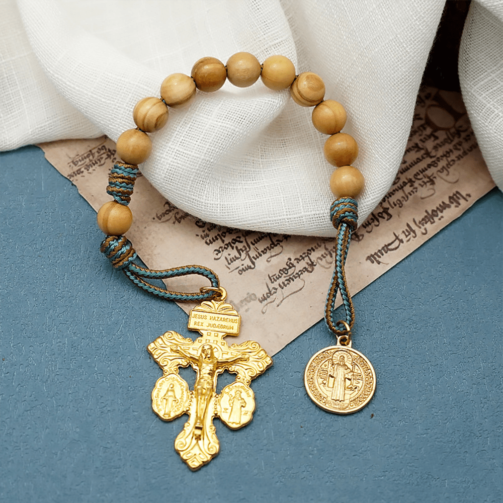 St. Benedict Medal & Crucifix of 10 mm Round Golden Olive Wood Nylon Cord Pocket Rosary - Golden - image 1
