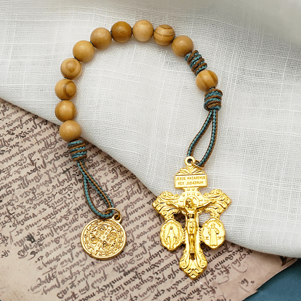 St. Benedict Medal & Crucifix of 10 mm Round Golden Olive Wood Nylon Cord Pocket Rosary - image 2