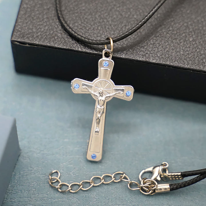 Retro Claasic Style Crucifix with Colorful Gemstone Pendant Necklace - Blue - image 3