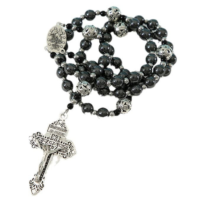 Miraculous Medal & Crucifix of 8 mm Round Black Gallstone Nylon Cord Rosary - image 5