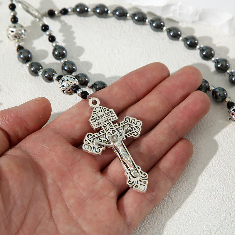 Miraculous Medal & Crucifix of 8 mm Round Black Gallstone Nylon Cord Rosary - image 3