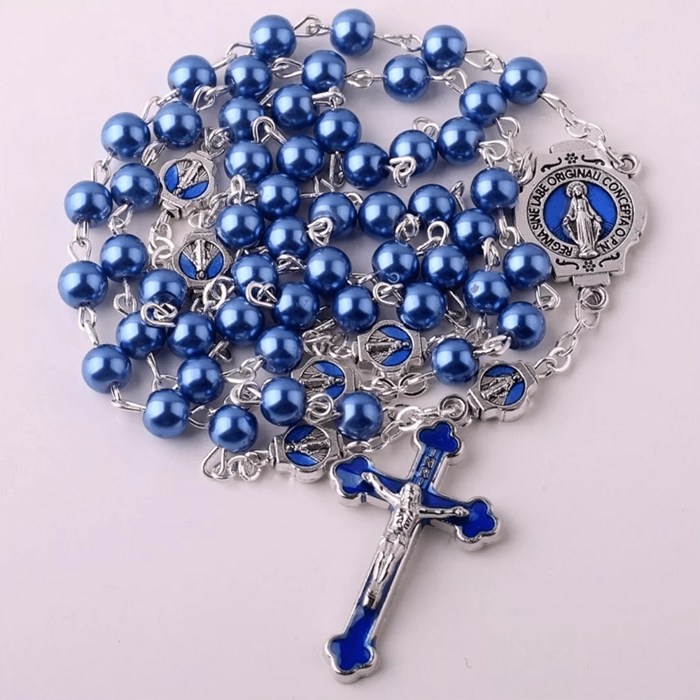Miraculous Medal & Crucifix of 6 mm Round Blue Glass Alloy Chain Rosary - image 4