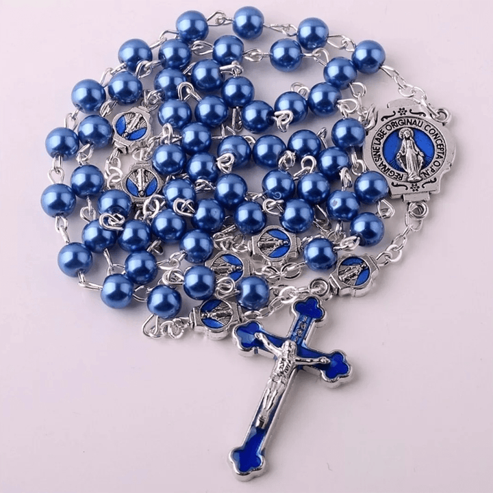 Miraculous Medal & Crucifix of 6 mm Round Blue Glass Alloy Chain Rosary - image 4