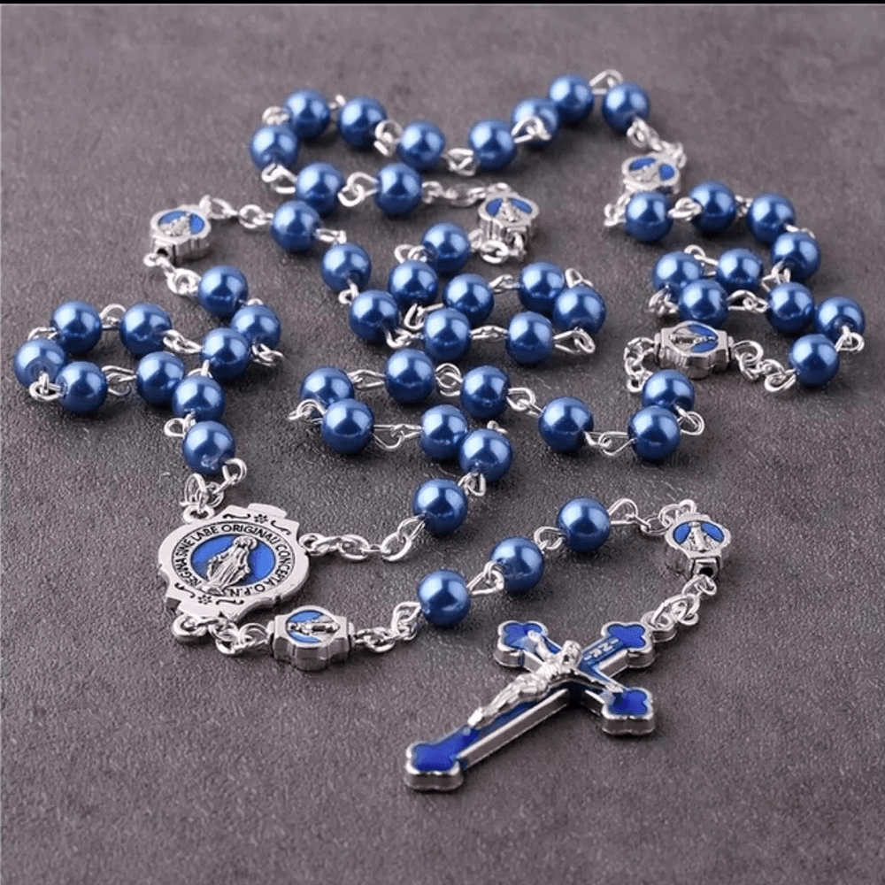 Miraculous Medal & Crucifix of 6 mm Round Blue Glass Alloy Chain Rosary - image 3
