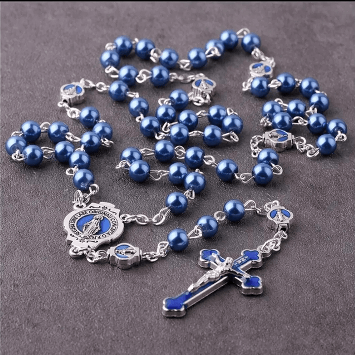 Miraculous Medal & Crucifix of 6 mm Round Blue Glass Alloy Chain Rosary - image 3