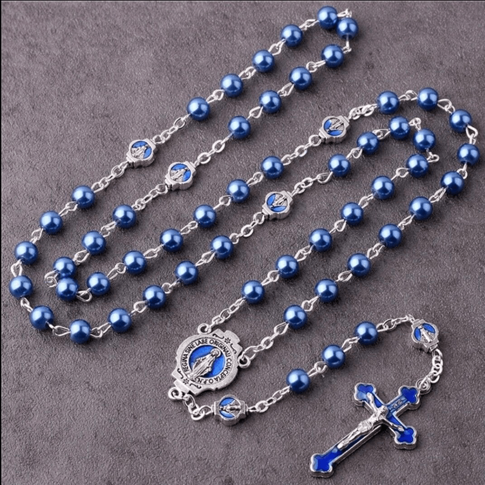 Miraculous Medal & Crucifix of 6 mm Round Blue Glass Alloy Chain Rosary - image 2