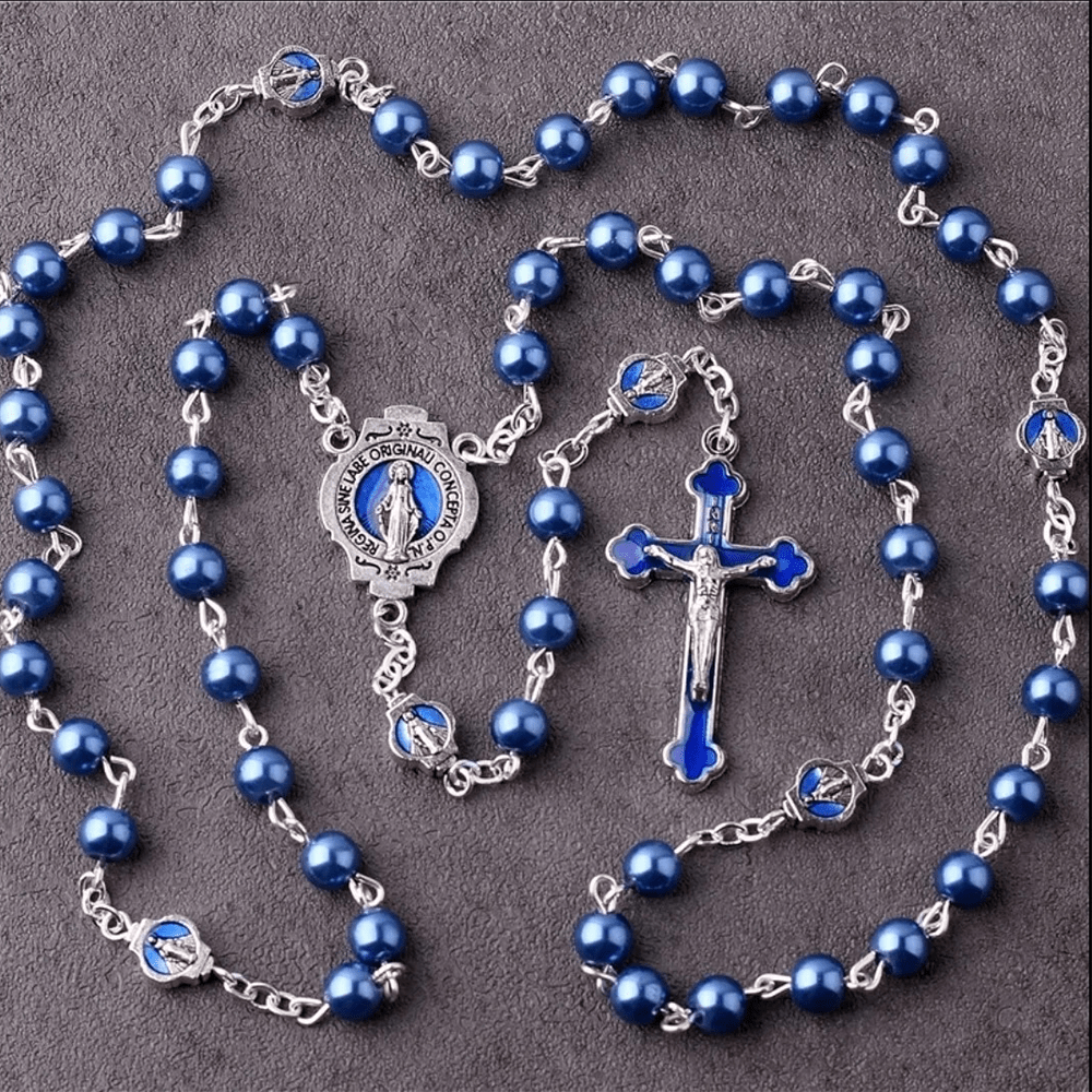 Miraculous Medal & Crucifix of 6 mm Round Blue Glass Alloy Chain Rosary - Blue - image 1