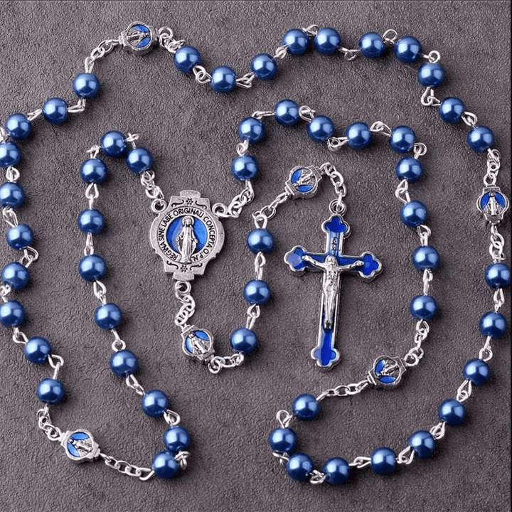 Miraculous Medal & Crucifix of 6 mm Round Blue Glass Alloy Chain Rosary - Blue - image 1