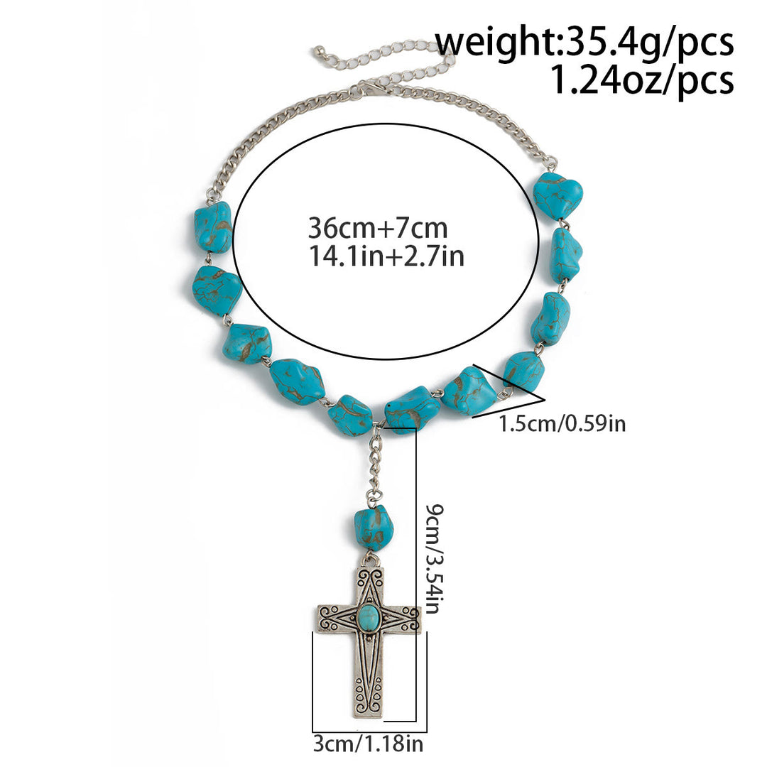 Retro Style Turquoise Natural Stone Cross Pendant Necklace - image 5