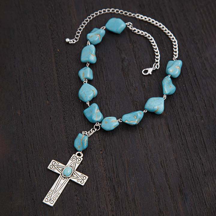 Retro Style Turquoise Natural Stone Cross Pendant Necklace - image 4
