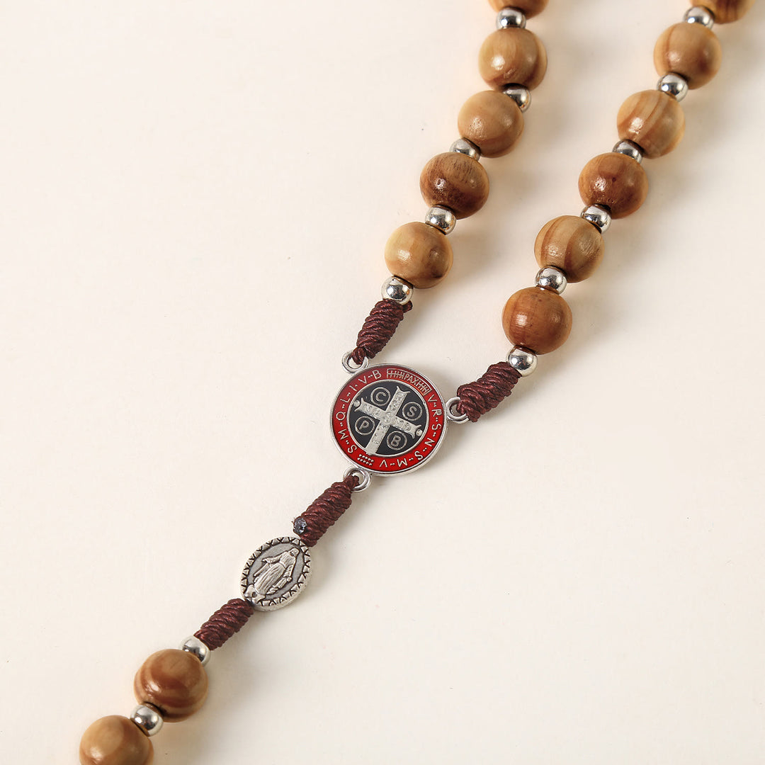 Miraculous Medal & St. Benedict Medal & Crucifix of 10 mm Round Brown Wood Nylon Cord Rosary - image 6