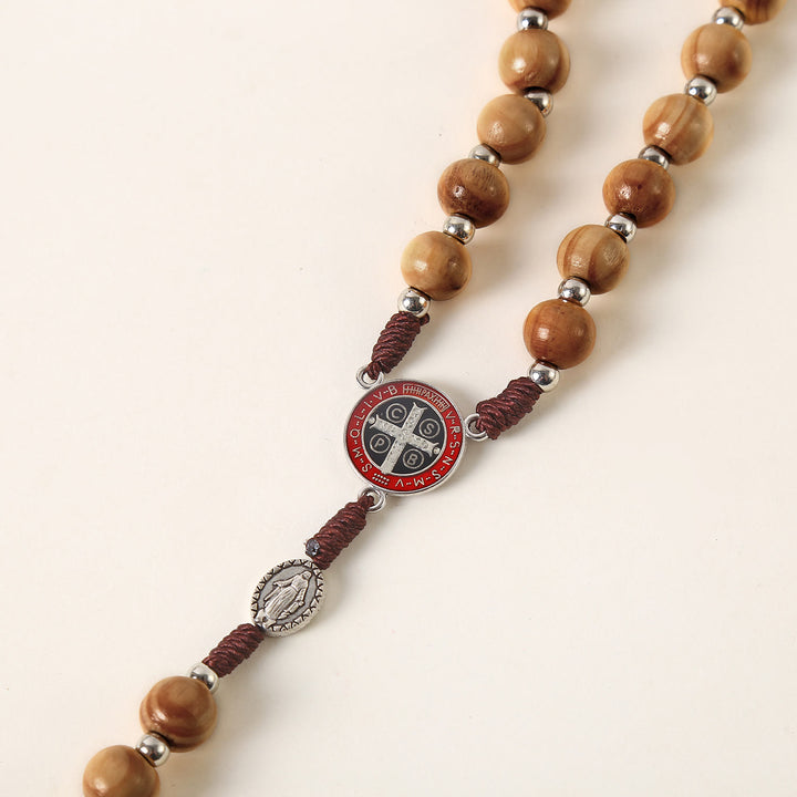 Miraculous Medal & St. Benedict Medal & Crucifix of 10 mm Round Brown Wood Nylon Cord Rosary - image 6