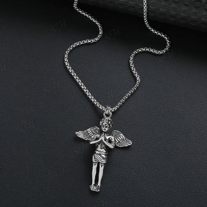 Christian Art Retro Hip-hop Style Short Wings Angel Alloy Pendant Necklace - image 3