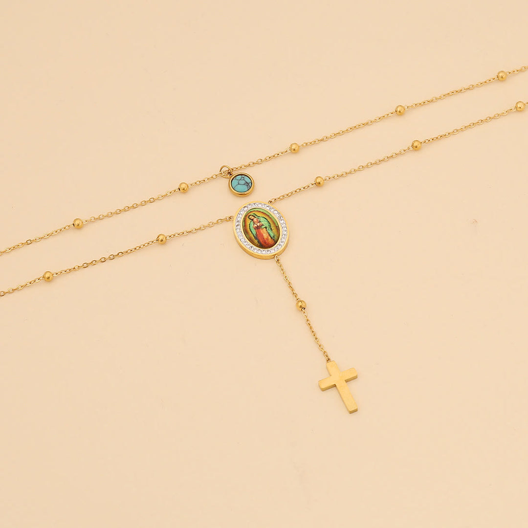 Minimalist Style Double Layered Our Lady of Guadalupe Turquoise Cross Necklace