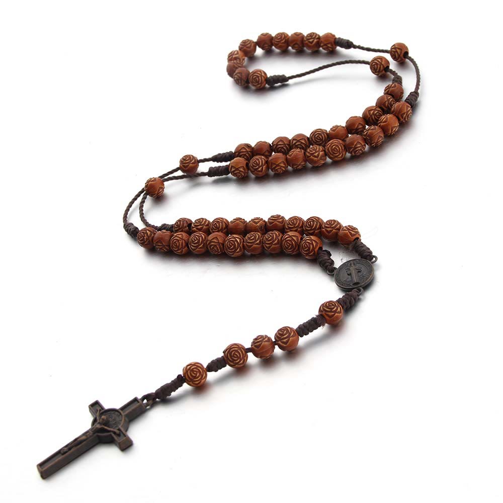 St. Benedict Medal & Crucifix of 8 mm Rose Brown Acrylic Nylon Cord Rosary