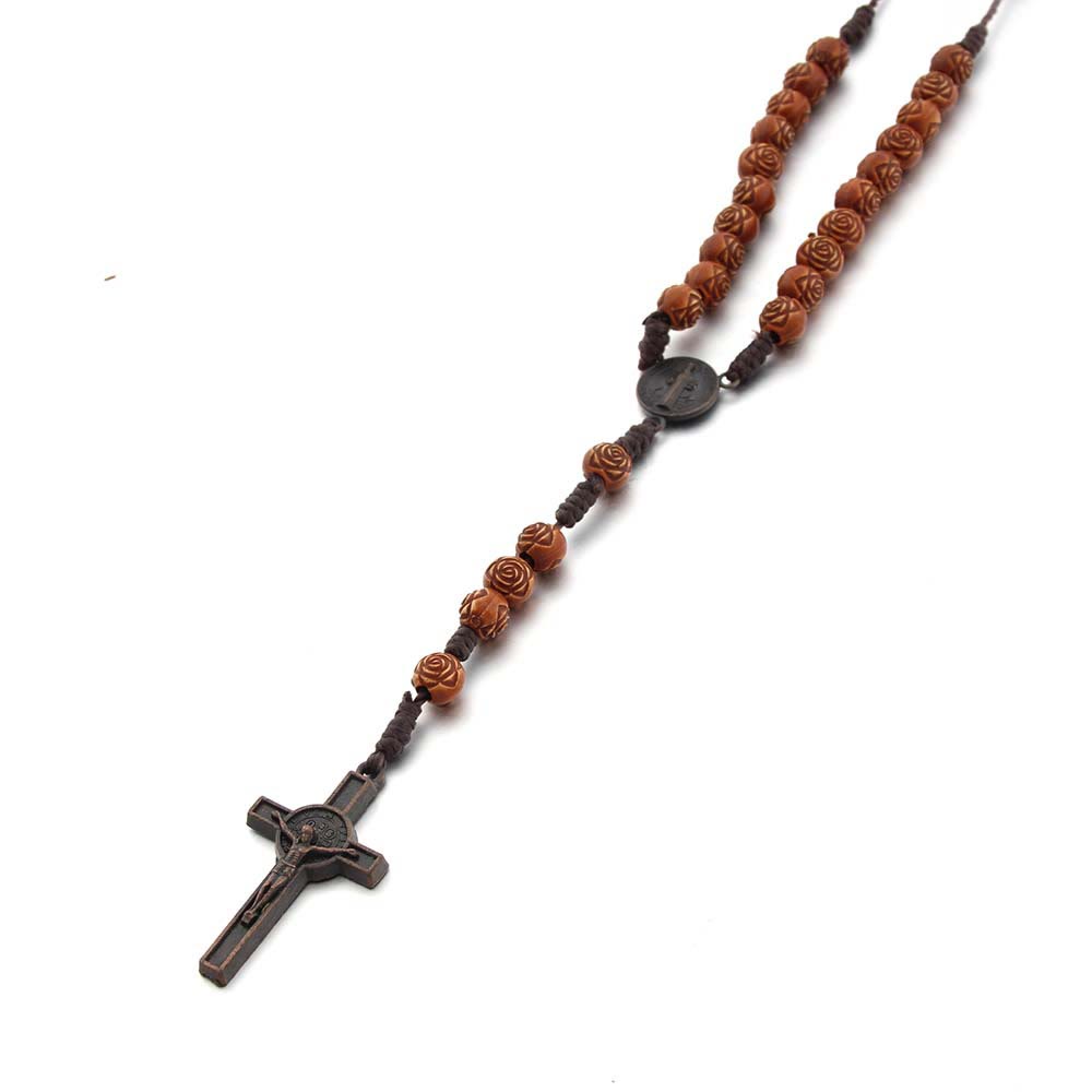 St. Benedict Medal & Crucifix of 8 mm Rose Brown Acrylic Nylon Cord Rosary