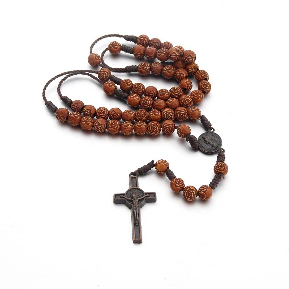 St. Benedict Medal & Crucifix of 8 mm Rose Brown Acrylic Nylon Cord Rosary