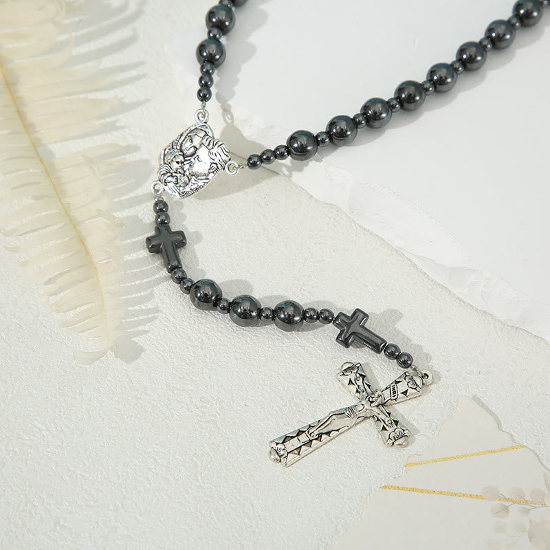 Holy Family & Crucifix of 8 mm Round Black Gallstone Nylon Cord Rosary