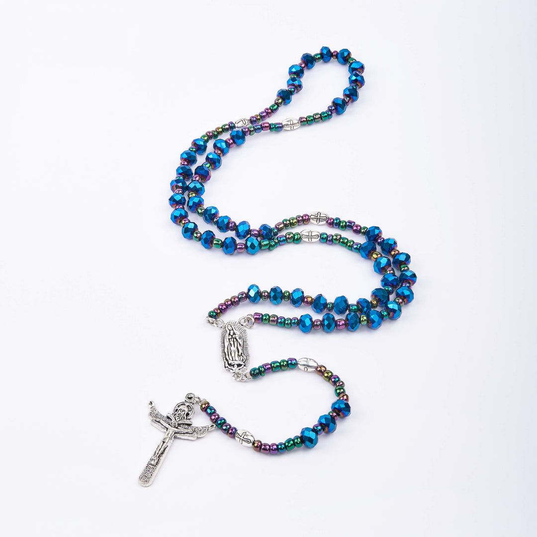 Our Lady of Guadalupe & Trinity Cross of 4*6 mm Polyhedron Blue Crystal Nylon Cord Rosary