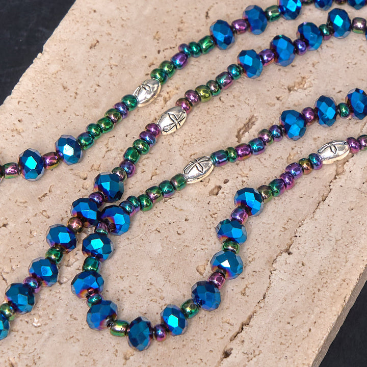 Our Lady of Guadalupe & Trinity Cross of 4*6 mm Polyhedron Blue Crystal Nylon Cord Rosary