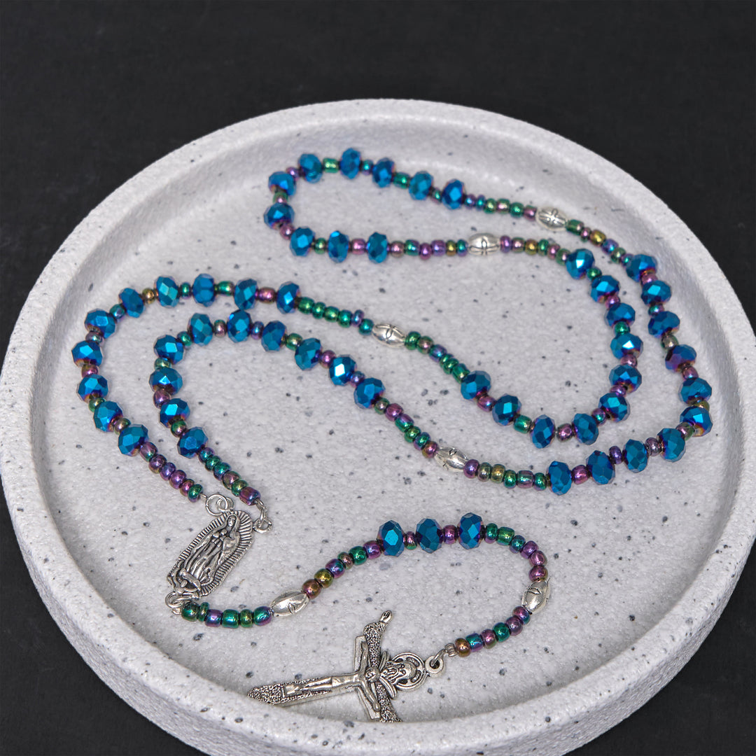 Our Lady of Guadalupe & Trinity Cross of 4*6 mm Polyhedron Blue Crystal Nylon Cord Rosary