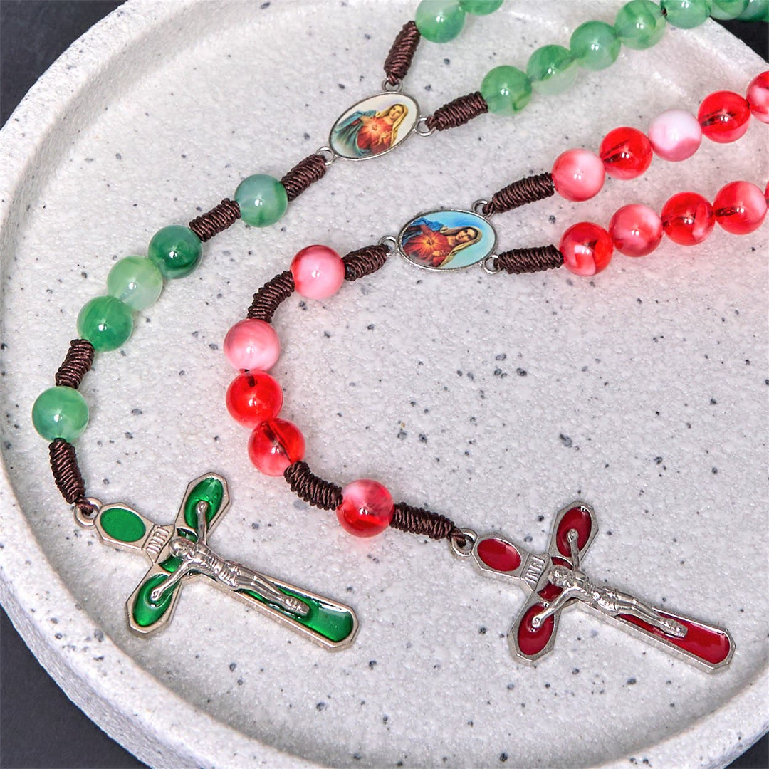 Immaculate Heart of Mary & Crucifix of 10 mm Round Green Acrylic Nylon Cord Rosary